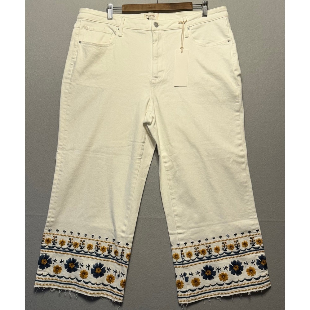 Driftwood Charlee Embroidered Wide Leg Crop Jeans White Floral Women Size 18